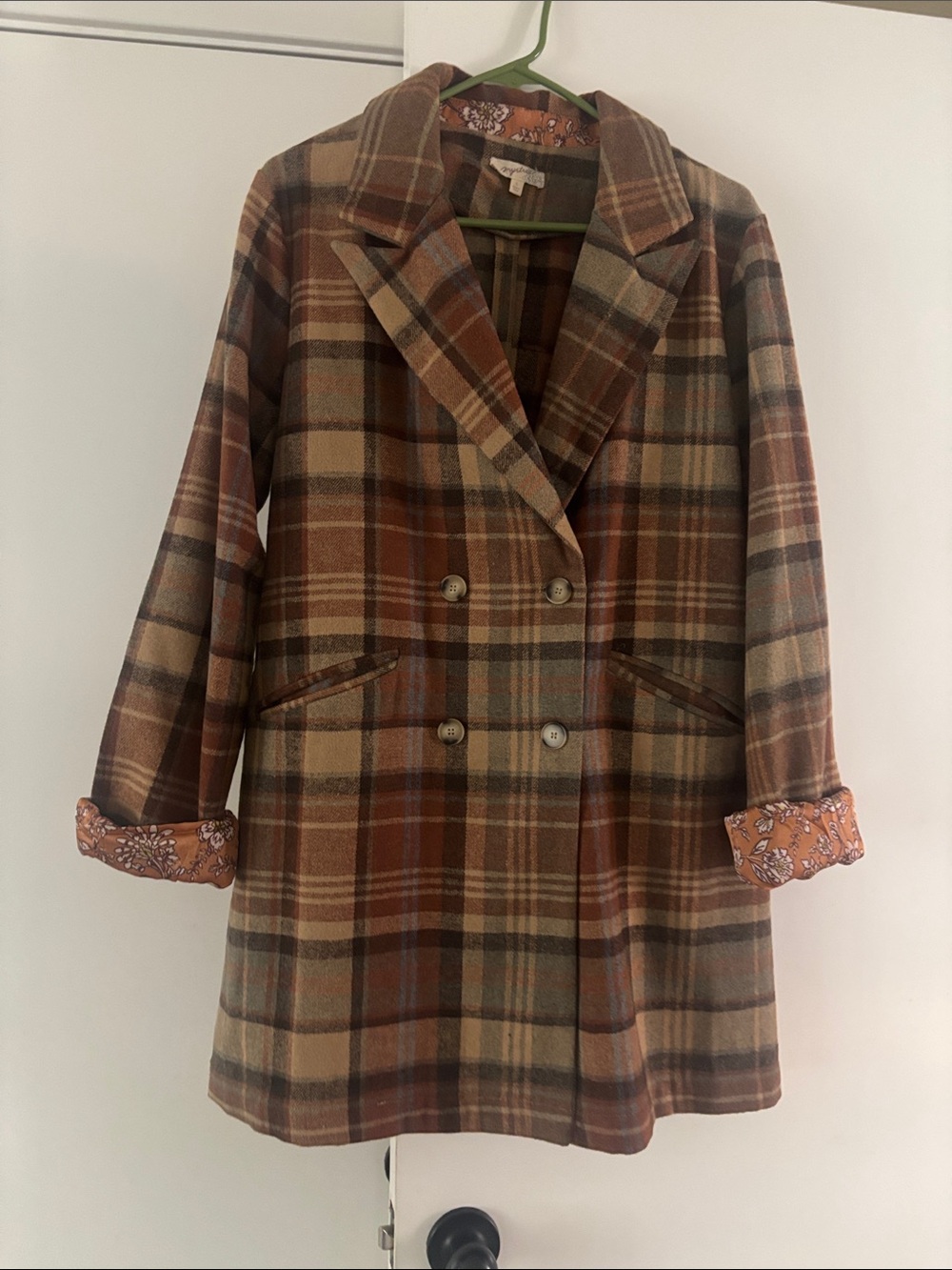 Mystree Brown Plaid Double-Breasted Pea Coat